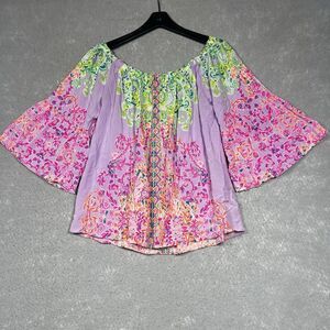 Lavender Floral Off-Shoulder Peasant Top - Pink & Green Accents